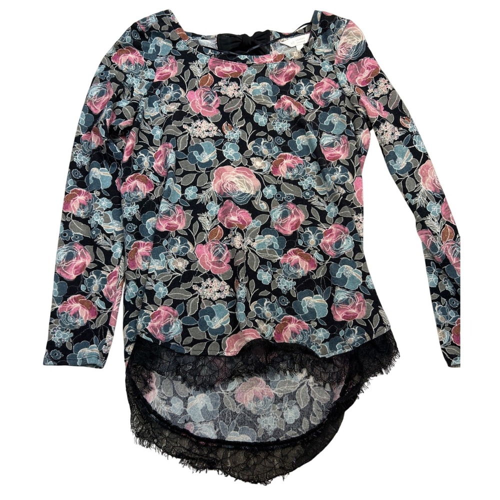 Lauren Conrad Women's Top M Black Pink Floral Lace Trim Bow Back Romantic
